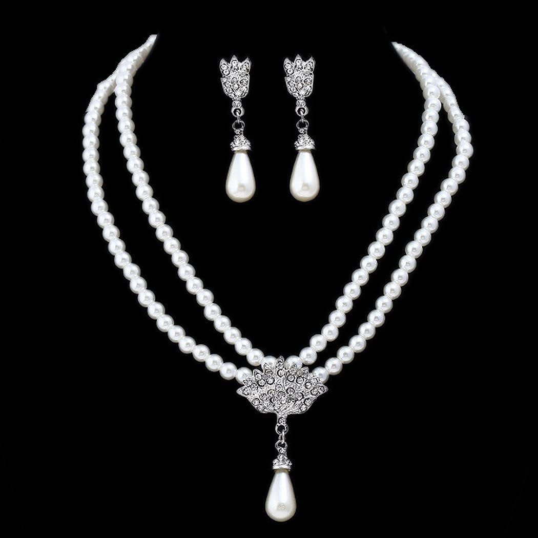 Unicra 1920s Gatsby Pearl Necklace Earrings Set Silver Bride Pearl Jewelry Sets Crystal Multilayer Necklace Jewelry Accessories for Women and Brides - Image 2