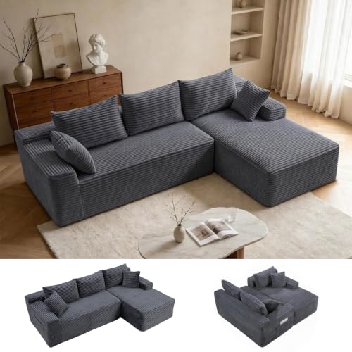 Image of 106.3 inch L Shaped Boneless Sectional Corduroy Couches for Living Room (Gray)