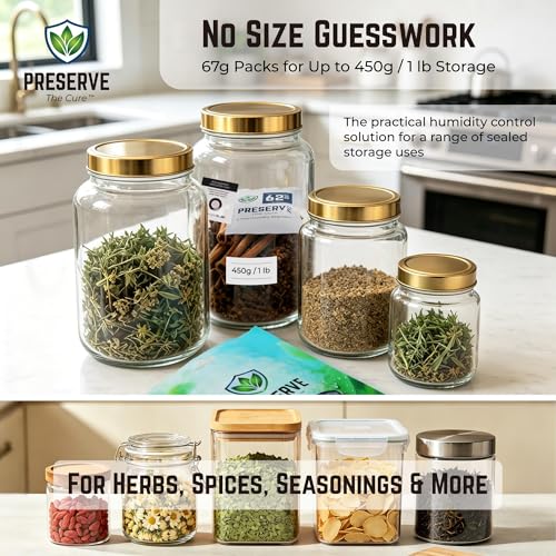 Image of Preserve The Cure 67g Humidity Control Packs for Storage Containers, 62% RH | 4pc, up to 450g / 1lb (16oz), 2-way moisture control, freshness indicator, protects texture, reduces drying, sealed pouch