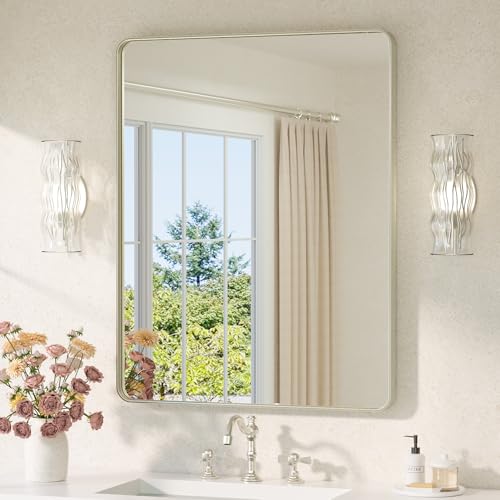 Image of TETOTE Brushed Nickel Mirror 28 x 36 Brushed Nickel Metal Framed Bathroom Mirror, Tempered Glass, Modern Farmhouse Wall Mounted Mirror for Decorative(Horizontal /Vertical)