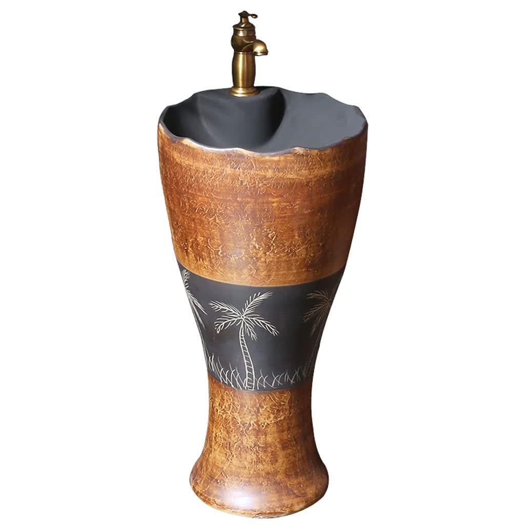 NEBE Bathroom Sink Pedestal Sink Antique Outdoor Villa Floor Washbasin Vintage Ceramic Basin with Faucet