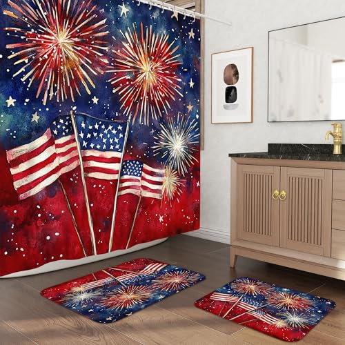 Juego de 3 cortinas de ducha de fuegos artificiales del 4 de julio con dos alfombras de baño antideslizantes y lavables (16 x 24 y 20 x 32), decoración de baño del Día de la Independencia de Estados