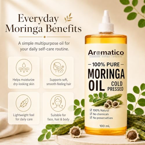 Image of AROMATICO Moringa Oil for Skin, Hair and Body Care, Multipurpose Carrier Oil for Massage, Scalp Care, Dry Skin Routine, DIY Beauty and Natural Glow - 100ml