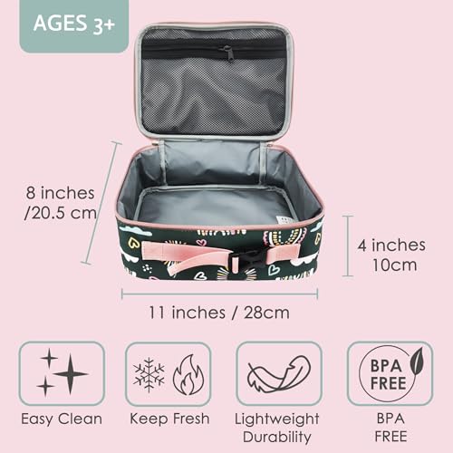 Image of Girls Insulated Kids Lunch Bags Mini Cooler Back to School Food Storage Tote - Picnic Cookouts Travel Reusable Small Lunch Boxes with Cute Pattern Green Rainbow