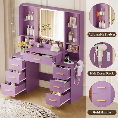 Image of HUANLEGO Makeup Vanity Desk with Mirror and LED Lights for Girls, Purple | Farmhouse Dressing Table Set for Women, LED Glass Cabinet, 7 Drawers, Power Outlet, Hair Dryer, 3 Lighting Modes