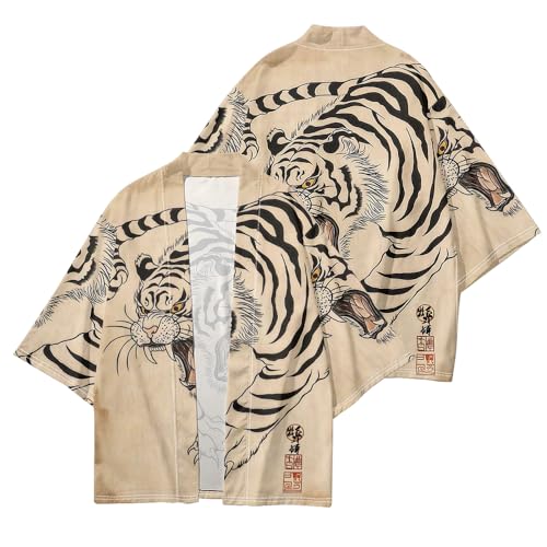 Image of DOSLAVIDA Men's Japanese Kimono Jacket Set Stylish Open Front Coat With Shorts Chinese Style Printed Cardigan Suit