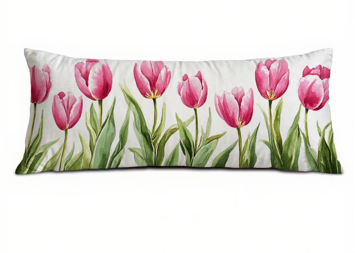 Poduszka do spania na boku, różowa poszewka na poduszkę 60 x 180 cm, poduszka ciążowa, tulipan, len, oddychająca i miękka, do dekoracji salonu, na sofę, poszewka na poduszkę, prezent dla kobiet T-7799
