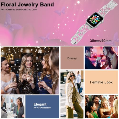 Image of Floral Band for Apple Watch Band, Women, Silver, 38 /40 /41 /42mm