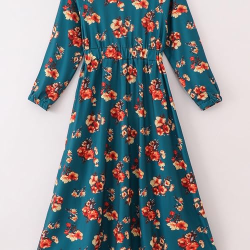 Girls Long Sleeve Floral Dress – Teal Fall Dress with Button Front and A-Line Skirt2