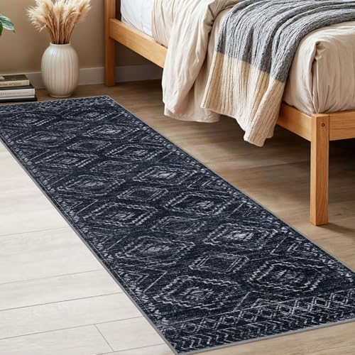 KILOCOCO Boho Kitchen Runner Rug 2x6 Washable Runner Rug, Soft Runners for Hallways Non Slip Printed Distressed Laundry Room Rug, Low-Pile Rug for Entryway/Bedroom/Living Room, Black