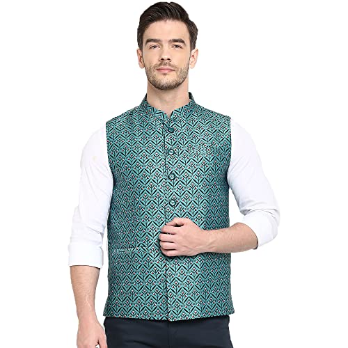 Image of hangup Men's Printed Cotton Nehru Jacket /waist coat, color Green. Size 38 (170A PrintedDup Nehru)
