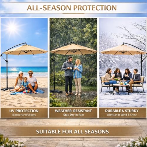 Image of Hukimoyo 10Ft Diameter Large Outdoor Patio Cantilever Offset Umbrella with Base Stand, Waterproof Heavy Duty Garden Parasol Sun Shade Canopy, Side Pole Umbrella for Backyard, Poolside, Deck, Lawn, Terrace, Cafe.