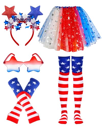 5pcs 4th of July Tutu Set for Women 250 Years Red White and Blue Tutu Patriotic Stars Skirts for 4th of July Party Halloween Cosplay