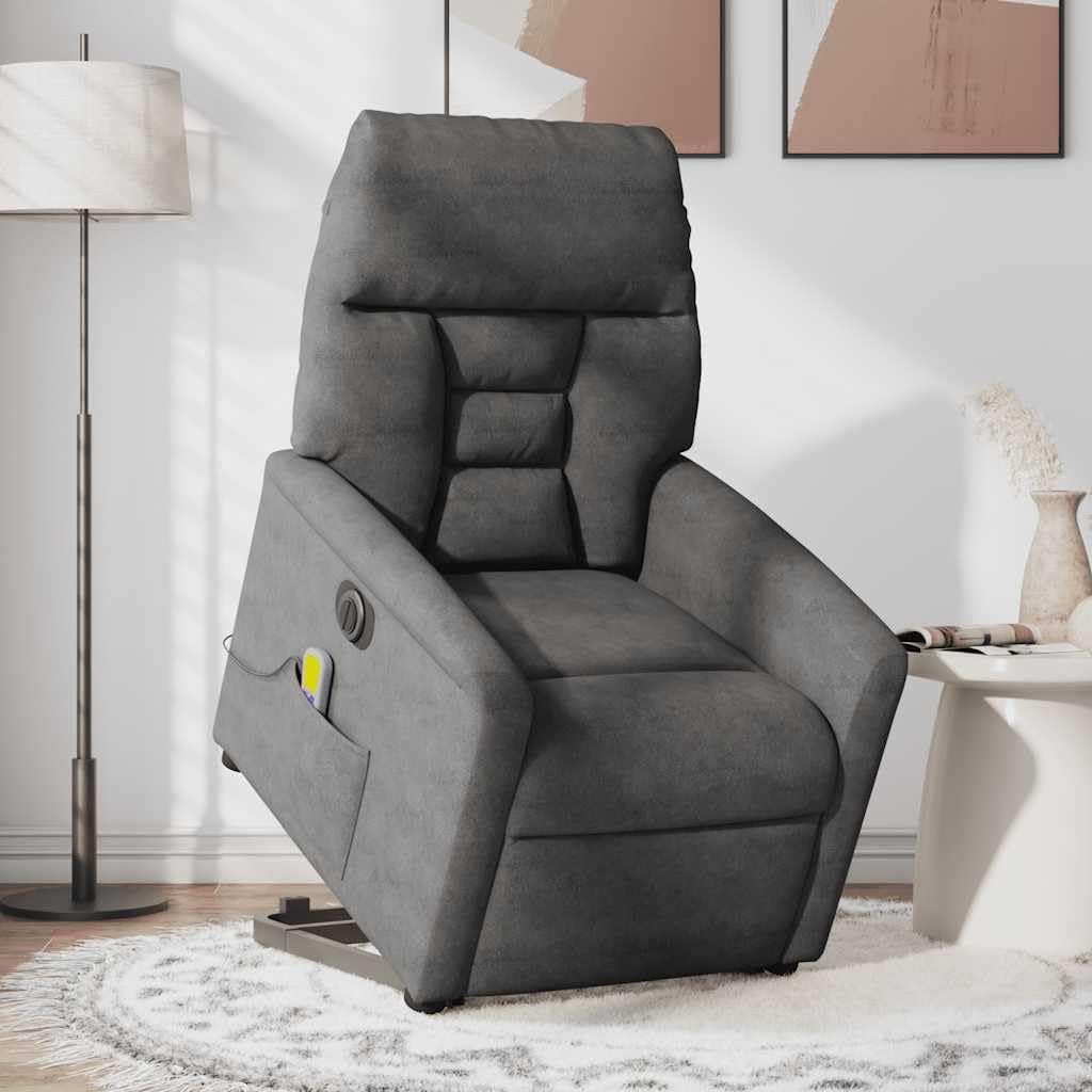 Sillón de masaje eléctrico con ayuda para levantarse, color gris oscuro, funda de tela de microfibra de 6 puntos, masaje vibratorio, sillón de relax con función reclinable y amplios