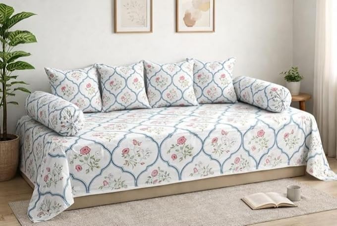 Home Soft Cotton Feel Diwan Set with 8 Pieces, 1 Single Bed Sheet with 5 Cushion Covers with Zipper and 2 Bolster Covers (diwan Cover Size 90x60 Inches) (Lychee)