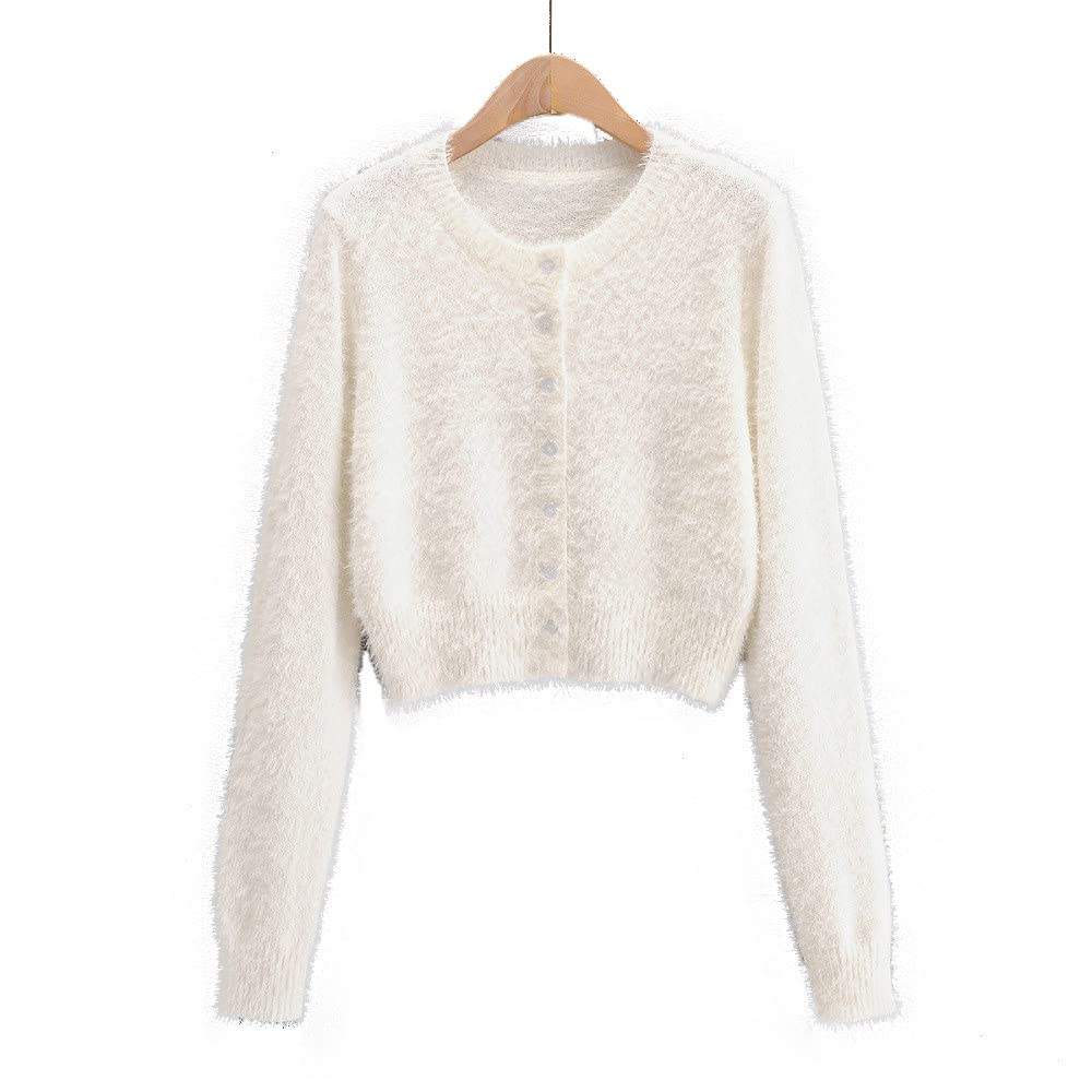 Damen Strick Cropped Cardigan Mohair Strick Cardigan Pullover Schlank Einfarbig Langarm Strick Oberbekleidung Top Button Down Vorne Offene Strickwaren