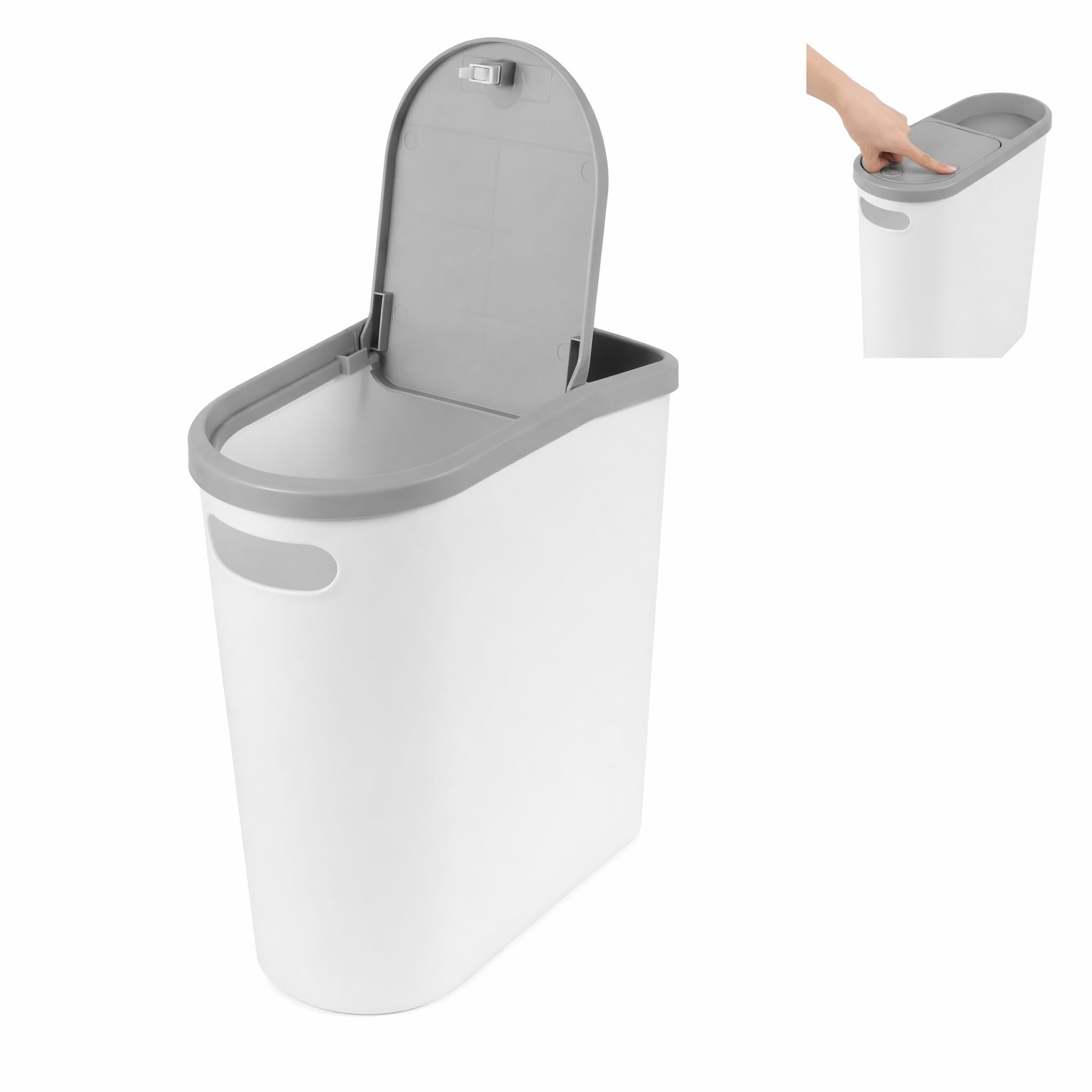 10L Slim Bathroom Bin, White Rubbish Bin with Touch Top Lid and Handle