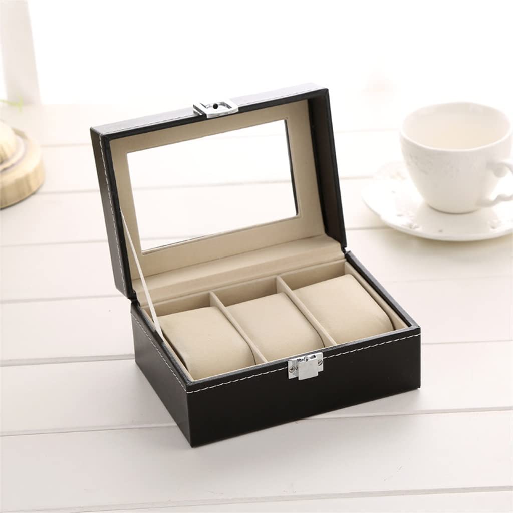 Uhrenbox, klein, 3 Fächer, für Herren, schwarzes Leder, Display, Glasplatte, Schmucketui, Organizer, Uhrenaufbewahrung, Schmuckschatulle (Farbe: A, Größe: 15,5 x 11 x 8 cm) (A 15,5 x 11 x 8 cm)