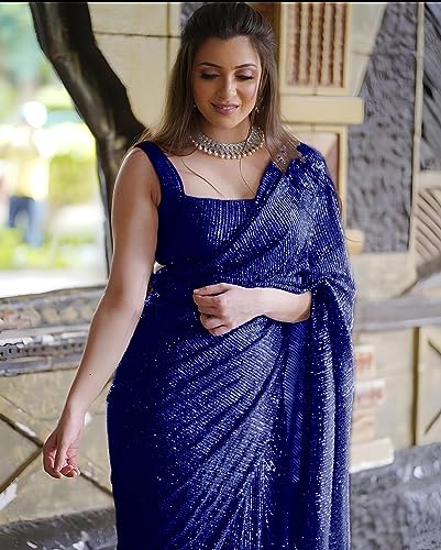 Image of Women's Bollywood Heavy Sequins Embroidery Work Georgette Saree with Unstitched Blouse