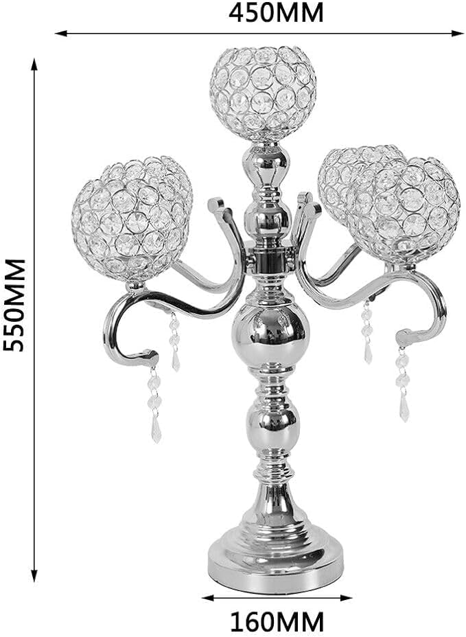 BFDIEEM 5 Arm Crystal Candelabra Centerpieces for Wedding,21.65Inches Tall Silver Metal Candlestick Holders with 5 Flower Bowl Holder for Anniversary Bathroom Party Home Decoration