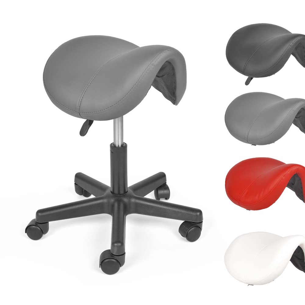 Mingone Taburete de Sillín Ergonómico con Ruedas Taburete de Trabajo Ajustable en Altura Silla de Montar Giratorio 360° para Estudio Oficina, Gris | Asiento acolchado de PU taburete ergonómico, altura ajustable 49,5-65 cm, para salón de belleza, masaje, o
