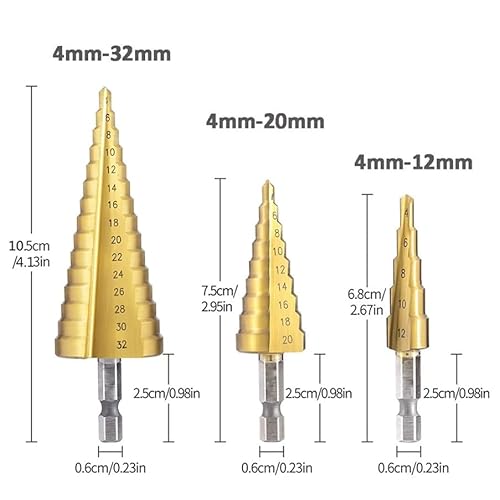 SDTOOLS Step Drill Bit Set for Wood Titanium Coated Hard Metal Punch Hole Cutter Woodworking Tools Stepped Drills 32mm Hex Cone Bits Kit (9 step bit (4-20mm)) 2 SDTOOLS Step Drill Bit Set for Wood Titanium Coated Hard Metal Punch Hole Cutter Woodworking Tools Stepped Drills 32mm Hex Cone Bits Kit (9 step bit (4-20mm)) - Image 2