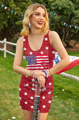 Image of For G and PL Women 4th of July American Flag Tank Dress Deep V Neck Stars Stripe Mini Patriotic Sleeveless Sundress