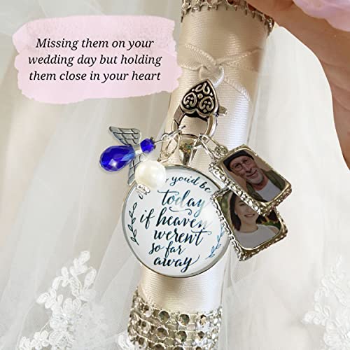 Image of Bouquet Photo Charm Wedding Memory Something Blue Angel - I Know You'd Be Here If Heaven Honor Love One, Silver Finish Handmade Bridal Jewelry White Glass Pendant 2 Frames Gift Message & Box for Bride