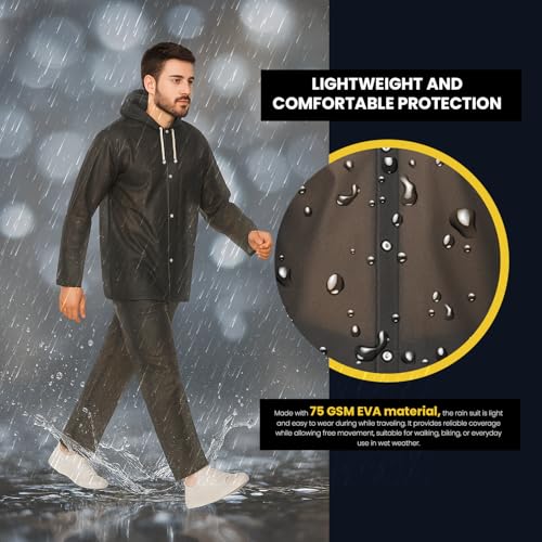 Image of Pivalo EVA Rainsuit Set 75 GSM with Adjustable Hood Full Sleeves Lightweight Raincoat with Pants waterproof Reusable Outdoor Travel Rainwear for Bike Riders Men (Pack of 1, Black)