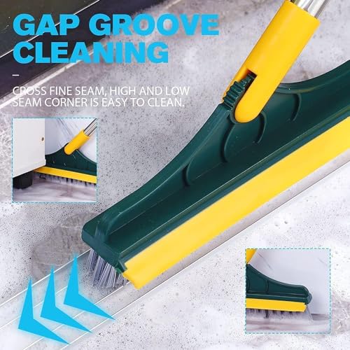 Image of UIMO 2-in-1 Floor Scrub Brush with Long Handle and Rubber Wiper, for Deep Cleaning Tiles, Walls, Shower, Kitchen (Green)