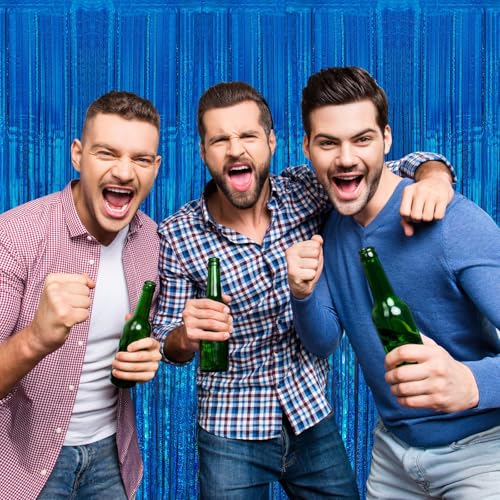 Image of 2 Pack 3.3 x 8.2 ft Tinsel Foil Fringe Curtain Backdrop, Upgraded Blue Glitter Metallic Streamers Backdrop Curtains for Birthday Parties, Baby Shower, Under the sea, Ocean Mermaid Party Decorations