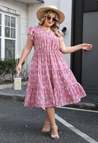 Image of Keluummi Plus Size Midi Dress for Curvy Women Wedding Guest Summer Floral Empire Waist Short Sleeve with Pockets