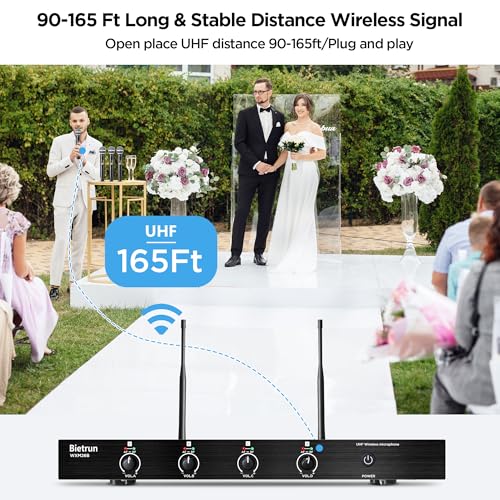 Image of Bietrun 4-Channel Wireless Microphones System with 4 Handheld Mics, UHF Metal Dynamic Cordless Mics for Karaoke, Singing, Church, Family Theater(Auto Connect /295FT Range /Fixed Frequency), Black