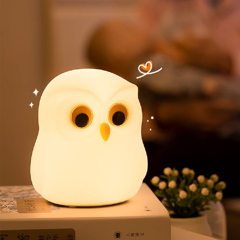 Linda luz nocturna de búho para niños, recargable por USB, lámpara de noche creativa sinfonía, luz nocturna para niños por la noche, control táctil, silicona segura, material ABS + PC (blanco)
