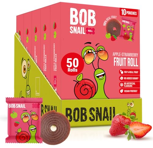 Bob Snail Fruit Roll Ups – Healthy Sweets Snacks, Real Dried Fruits, No Added Sugar, Vegan, Nut Free, Candy for Adults, Kids, with Apple-Blueberry – Bulk 50 pcs Rolls, 500g (Apple Strawberry)