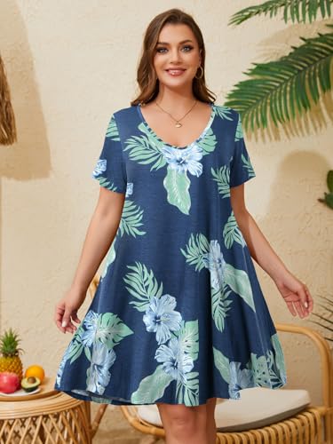 Image of ZENNILO Women's Plus Size Swing Dress with Pockets Casual Summer Dresses V Neck Short Sleeve T Shirt Dress for Women