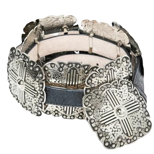 Ladies Black Floral Embossed Leather Belt with Antique Silver Tone Square Conchos, Removable Buckle