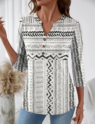 Rapbin Women's Tops V Neck 3/4 Sleeve Button Down Business Casual Blouses Fall Tunics Shirts2