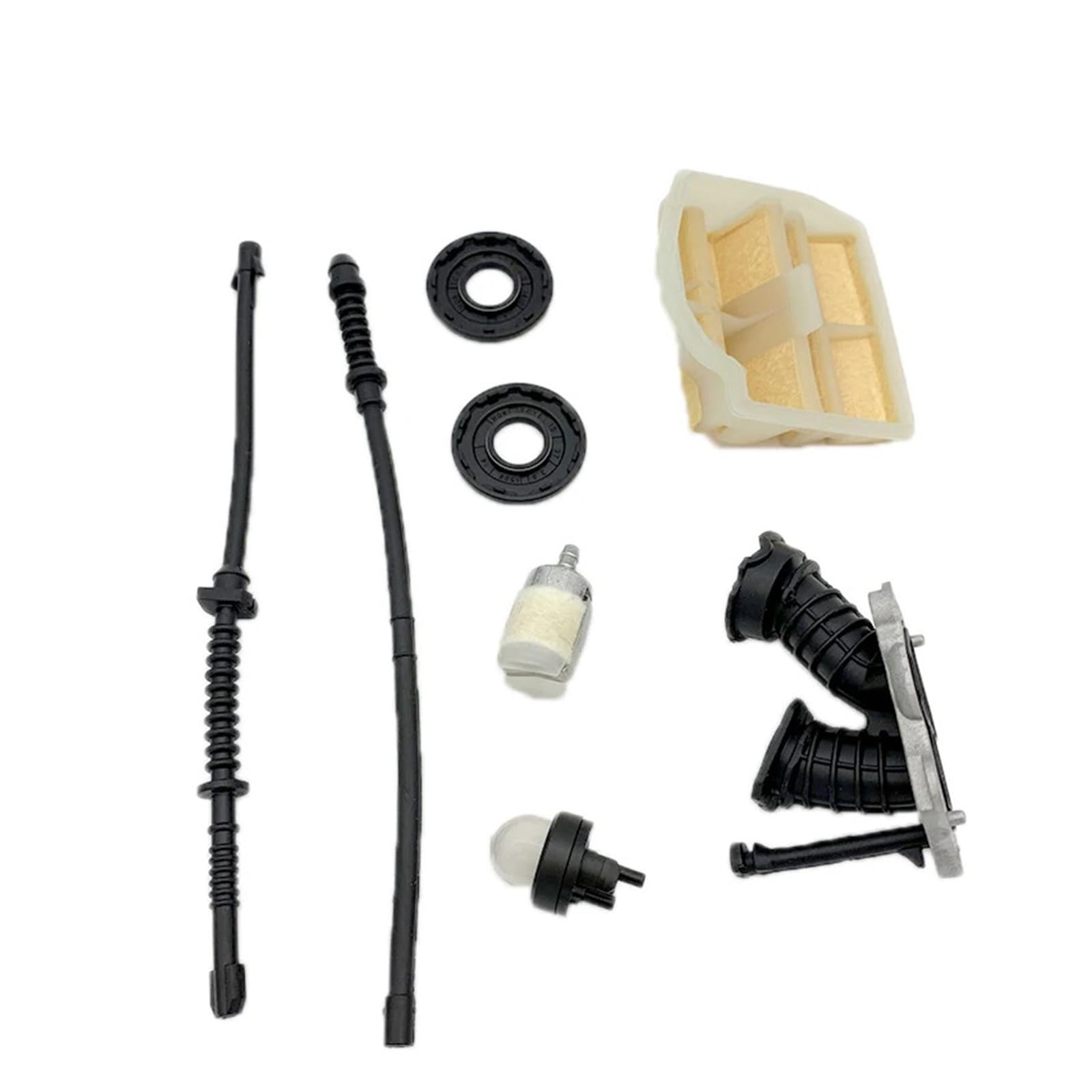Compatible con motosierra de gasolina HUSQVARNA 450, 445 E, 450E y 445E. Piezas 544082301: filtro de aire, colector de admisión, línea de retorno de combustible y gas, manguera y filtro.