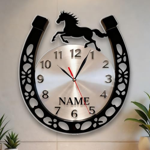 HCLRIU Horloge Murale Personnalisée en Fer à Cheval, Horloge Murale avec Nom Personnalisé sur Le Thème du Cheval, Cadeau d'anniversaire pour Les Hommes et...