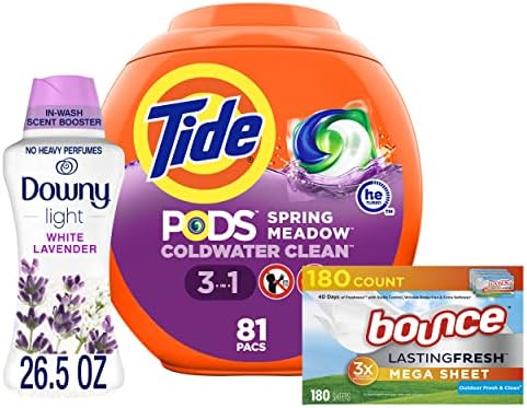 Tide Laundry Budget: Tide Pods, 81ct; Downy Light Scent Booster Beads, 26.5 Oz; Bounce Mega Dryer Sheets, 180ct