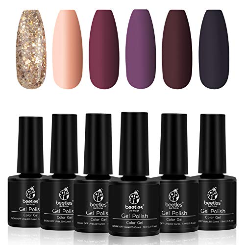 Beetles Fall Gold Glitter Gel Nail Polish Set - 6 Colors Red Purple