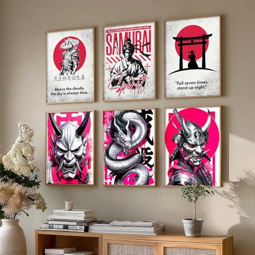 Image of HOTHOUSE Aesthetic Samurai Theme Devil Masks Wall Framed Posters | Japanese Devil Masks Framed Poster for Living Room Bedroom Gaming Room Studio Wall Decor Set Of 6 (13X17 inch)