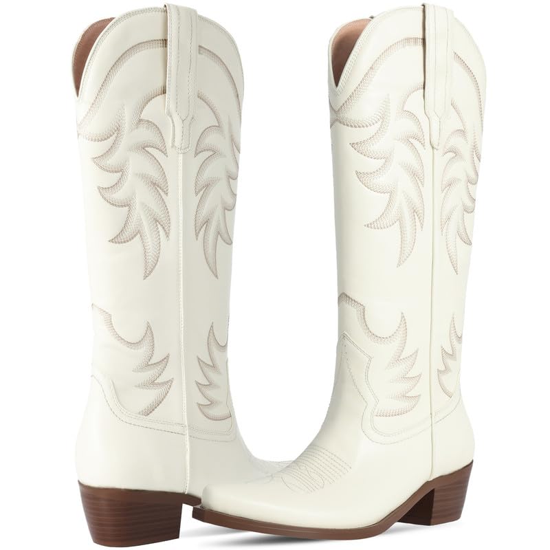 Western Cowboy Boots for Women Knee High Wide Calf Knee High Embroidered Pointed Toe Chunky Heel Cowgirl Boots4