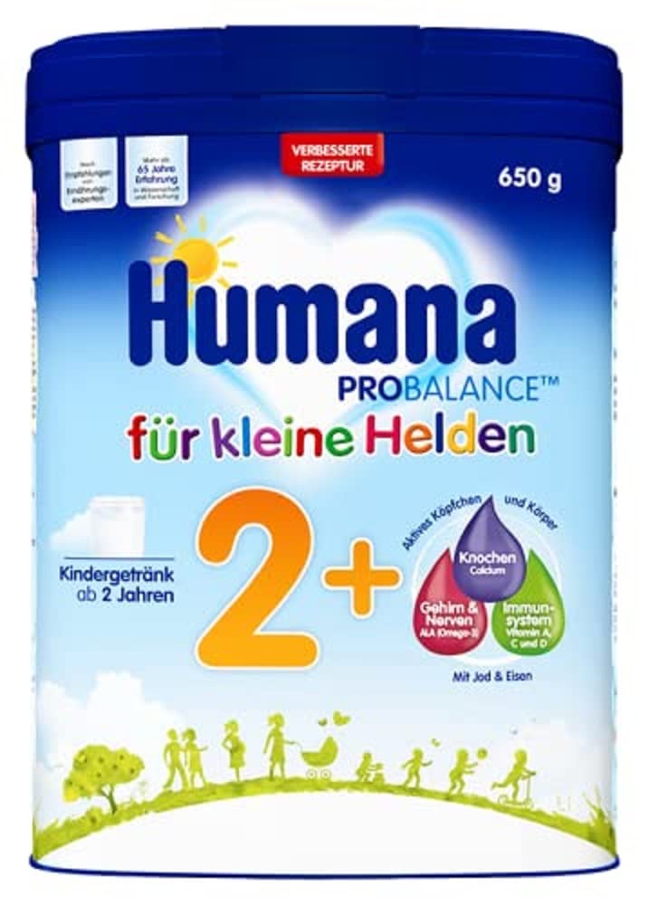 Humana Kindergetränk 2+, ab 2 Jahren, Milchpulver für Kindermilch, nährstoffreiche Milch für Kleinkinder, als gelegentliches Milchgetränk oder zur Mahlzeit, 650 g
