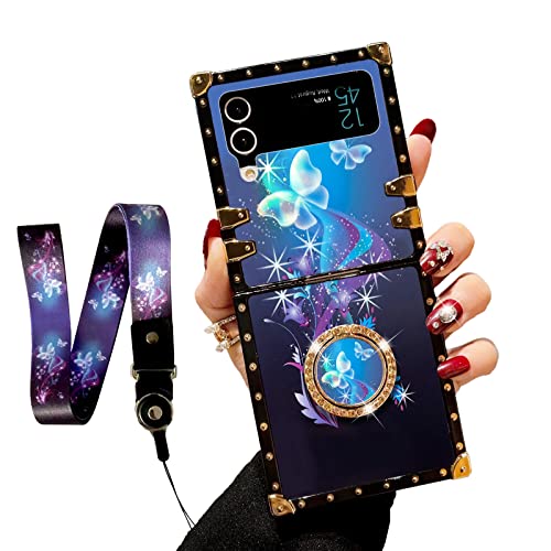 Nancheng Butterfly Darkblue Case for Galaxy Z Flip 3 5G - Square TPU Cover with Ring Kickstand & Lanyard
