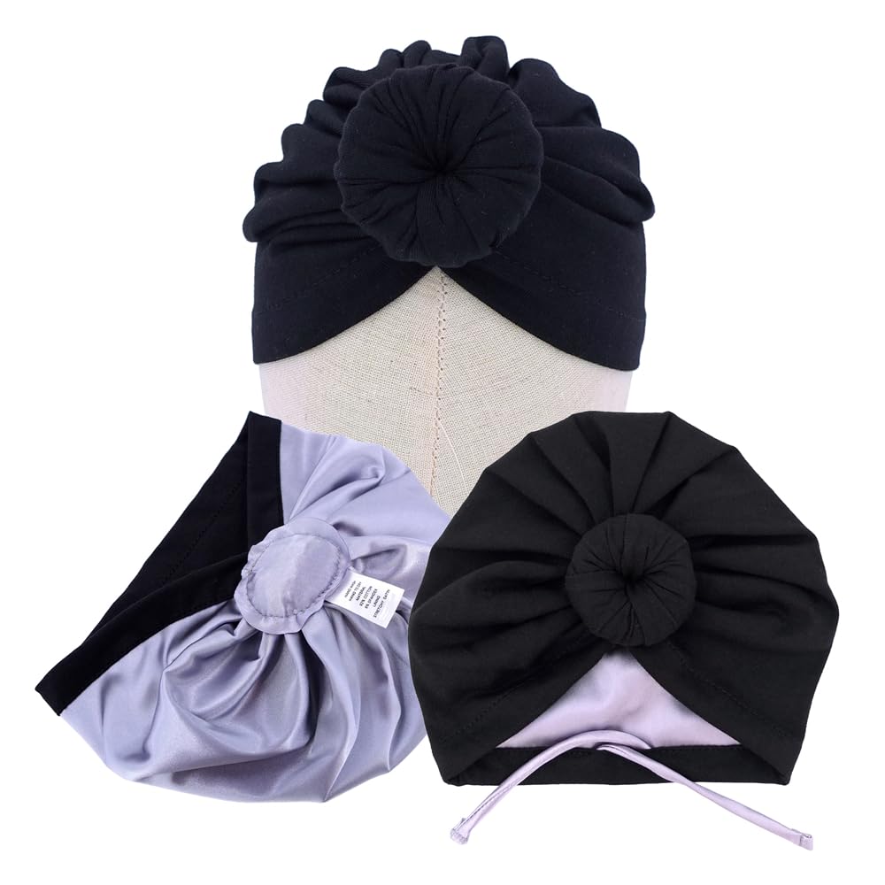 Sugarmelon Cute Silk Satin Lined Turban Hat for Newborn Baby Girls Boys Hair Care Bonnet Infant Toddler Headwraps Beanie Caps (6M,Orig Black)