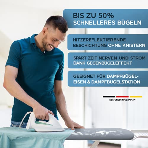 Wiaret -Thermo Reflect Bügelbrettbezug Set 120x40cm inkl. Spannclips+ Bügeltuch- mit Gummizug-für Dampfbügeleisen-extra dick gepolstert grau-weiß - Image 4