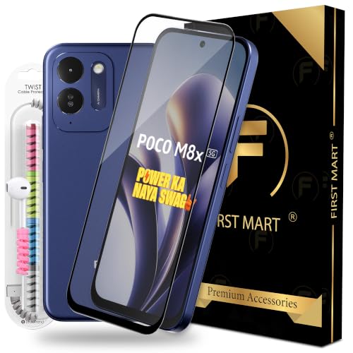 Image of FIRST MART Tempered Glass for Poco M8x, 9H 0.3 mm Full-Glue Screen Protector with Cable Protector, 3D Edge-to-Edge, HD Clear, Case-Friendly, Black, Pack of 1