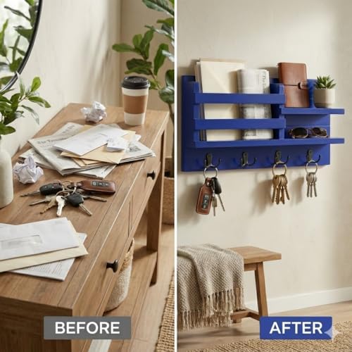 Image of Key Holder for Wall with Mail Shelf & 4 Hooks | Engineered Wood (Blue, Elegant Mail Organizer - 35.5 x 9 x 23 cm)